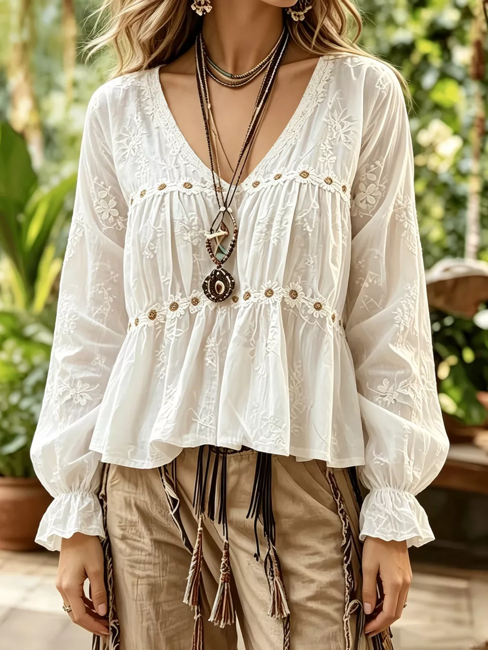 Floral V-Neck Flounce Sleeve Peplum Blouse, image 2