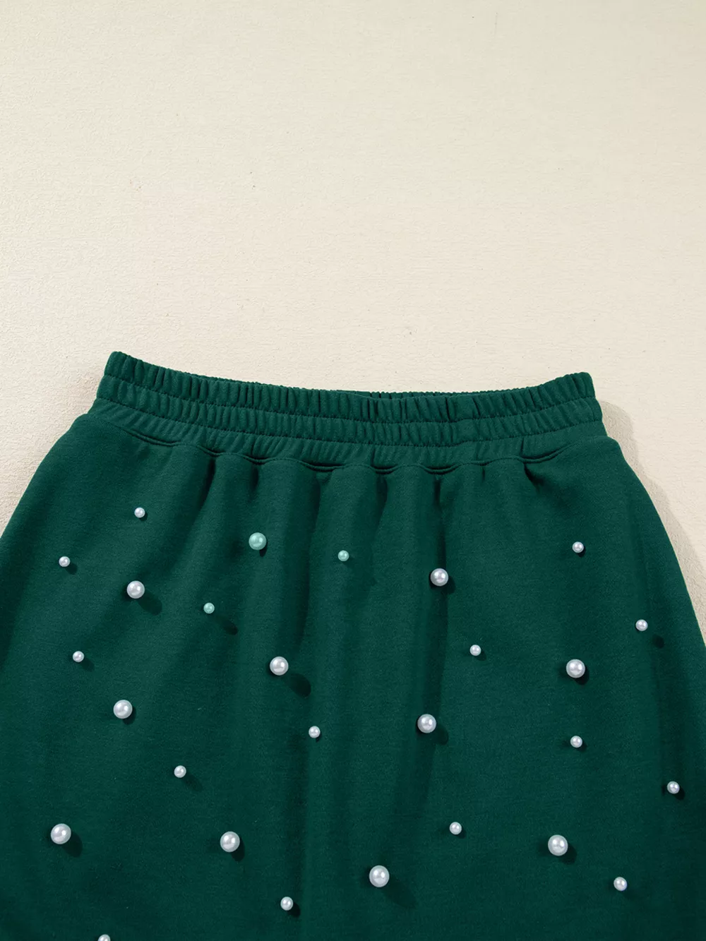 Pearl Embellished Drop Shoulder Pullover Elastic Waist Mini Skirt Set, image 3