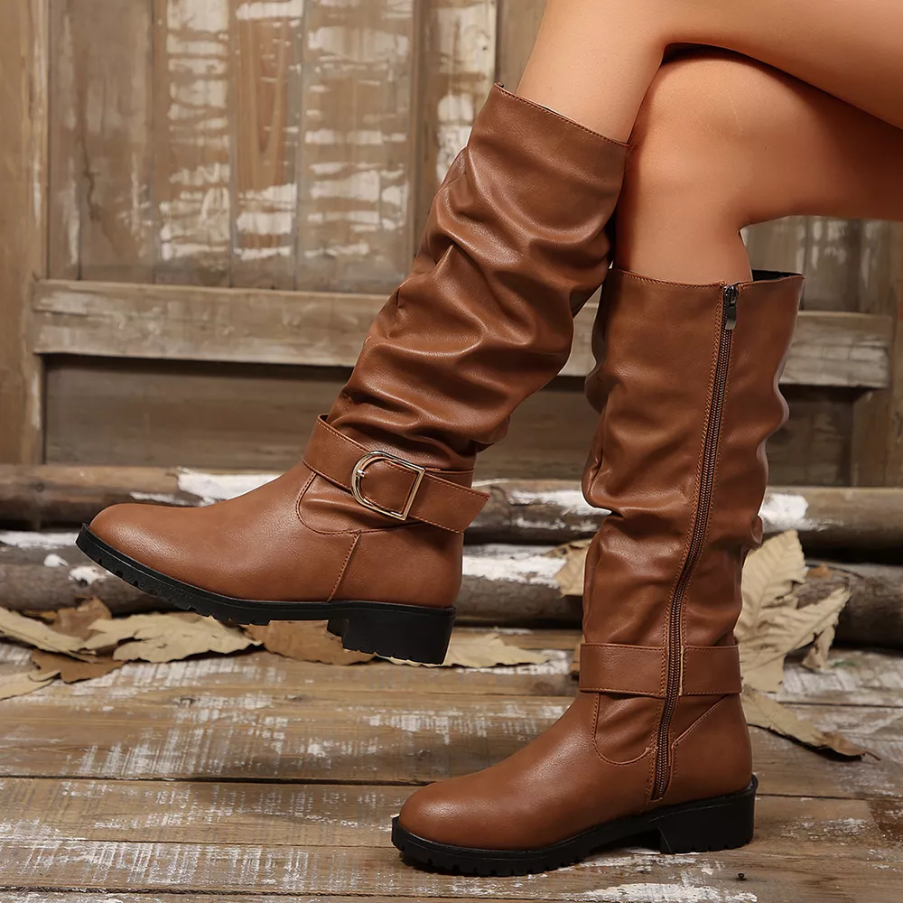 Slouchy Mid-Calf Boots with Buckle Detail, image 3