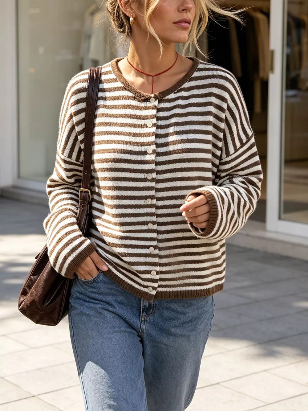 Striped Button-Down Knit Cardigan, image 5