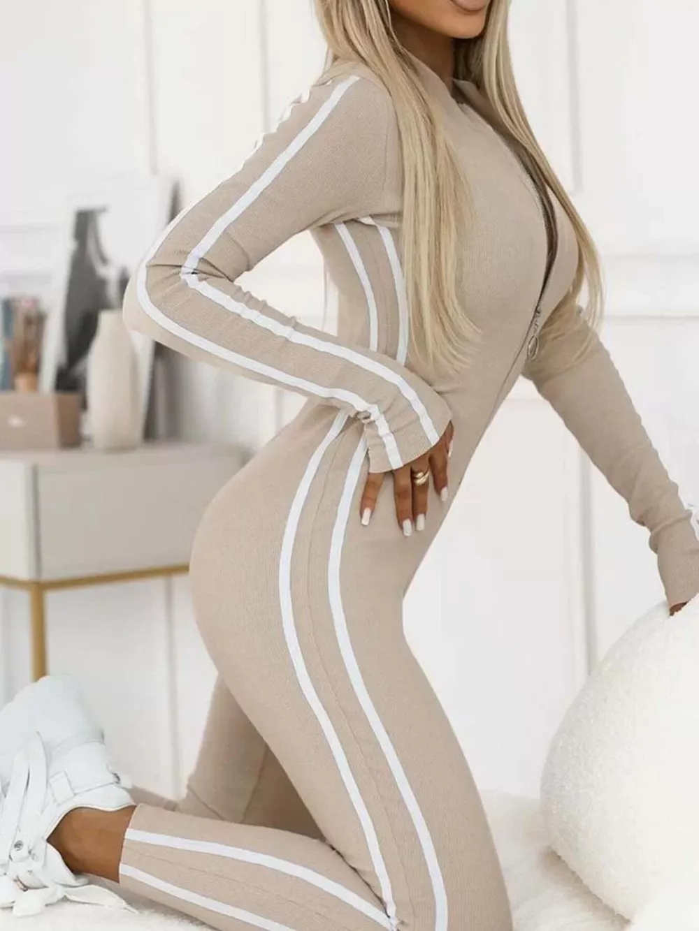 Full Size Stripe Zip-Front Long Sleeve Jumpsuit Plus Size, image 4