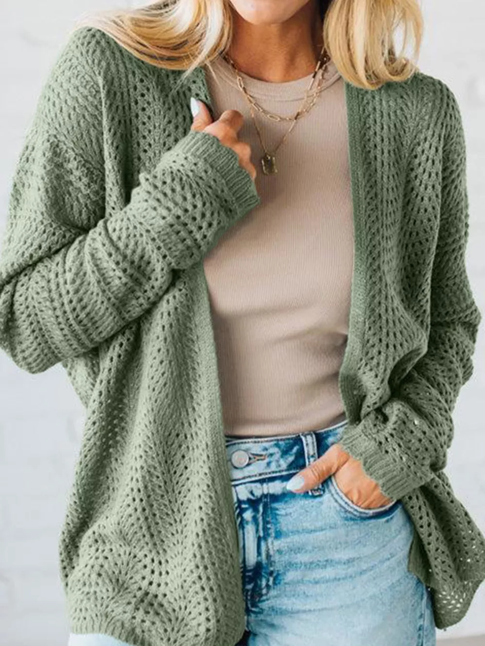 Scalloped Edge Eyelet Knit Batwing Sleeve Cardigan