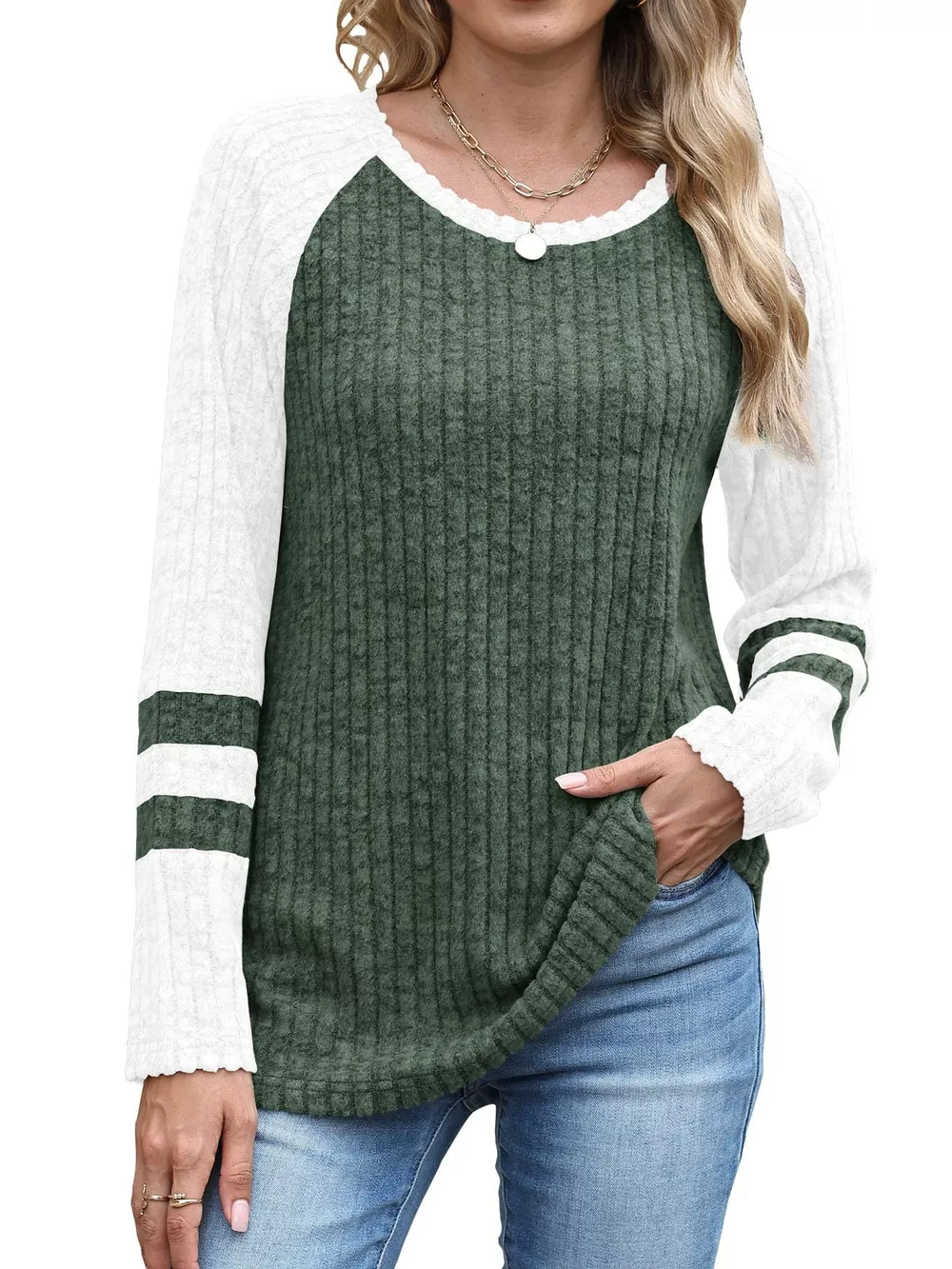 Ribbed Round Neck Raglan Sleeve Top, image 12