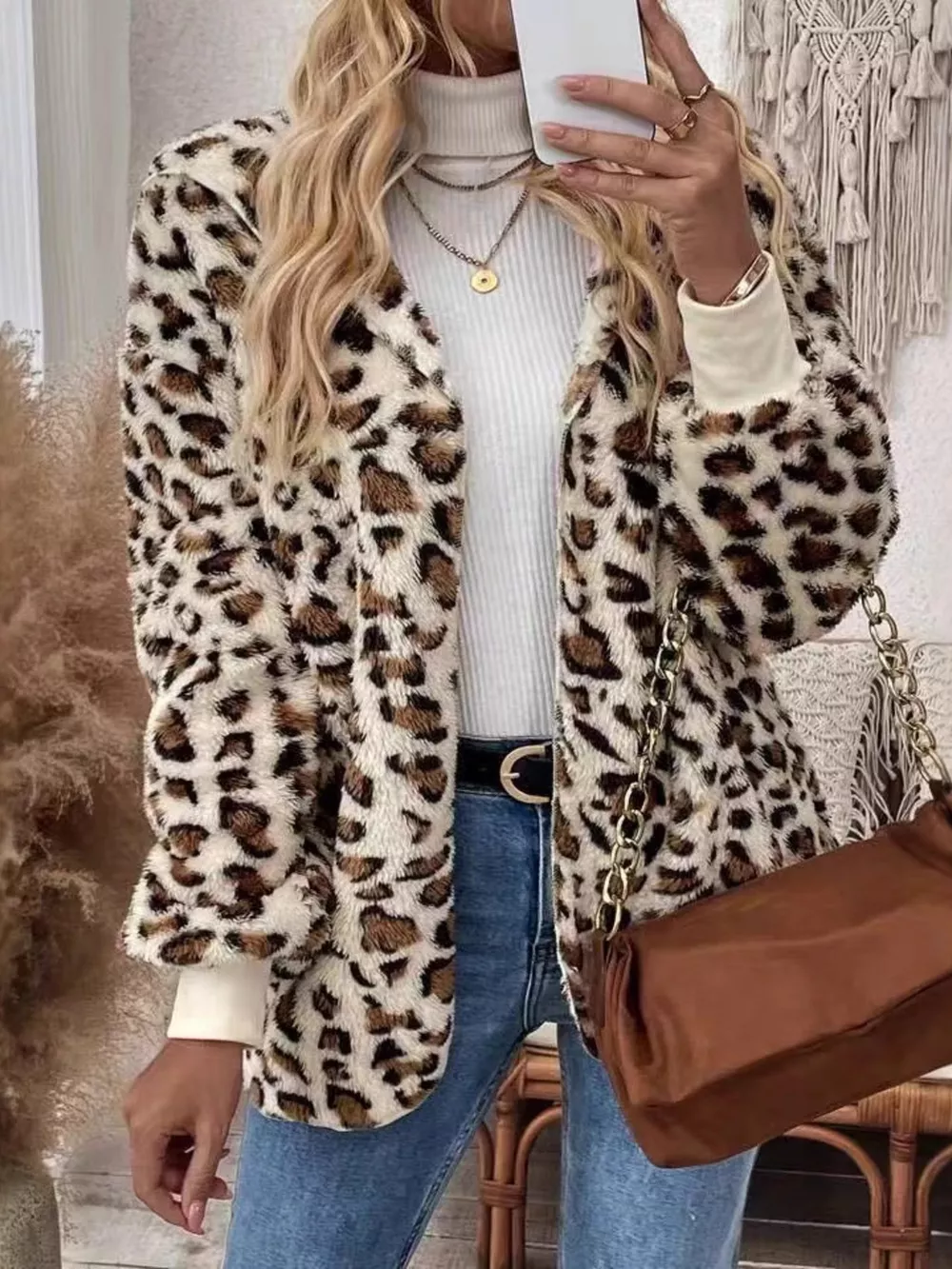 Leopard Print Fuzzy Zip Up Outerwear, image 4