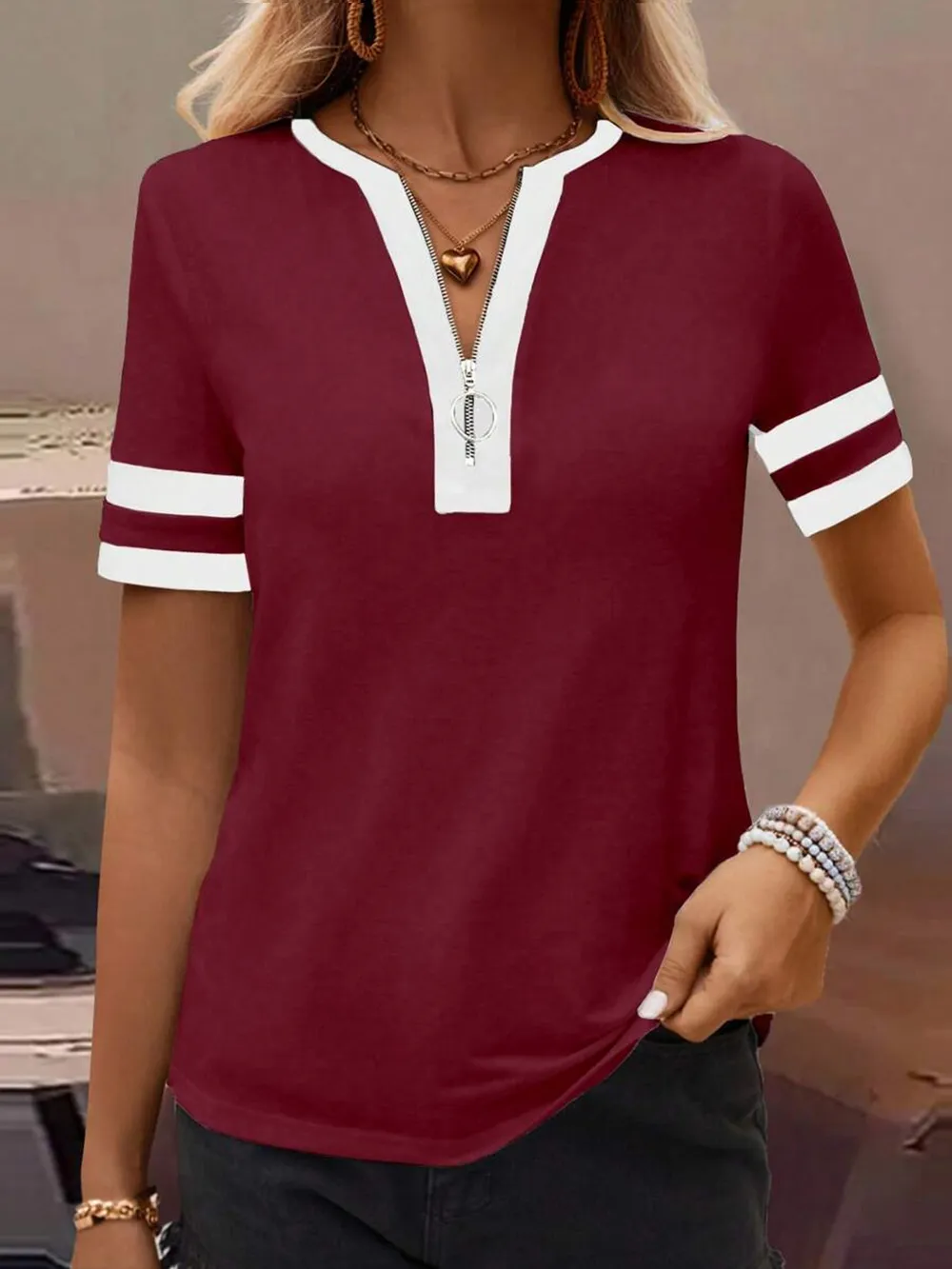 Striped Short Sleeve Half Zip Top, image 14