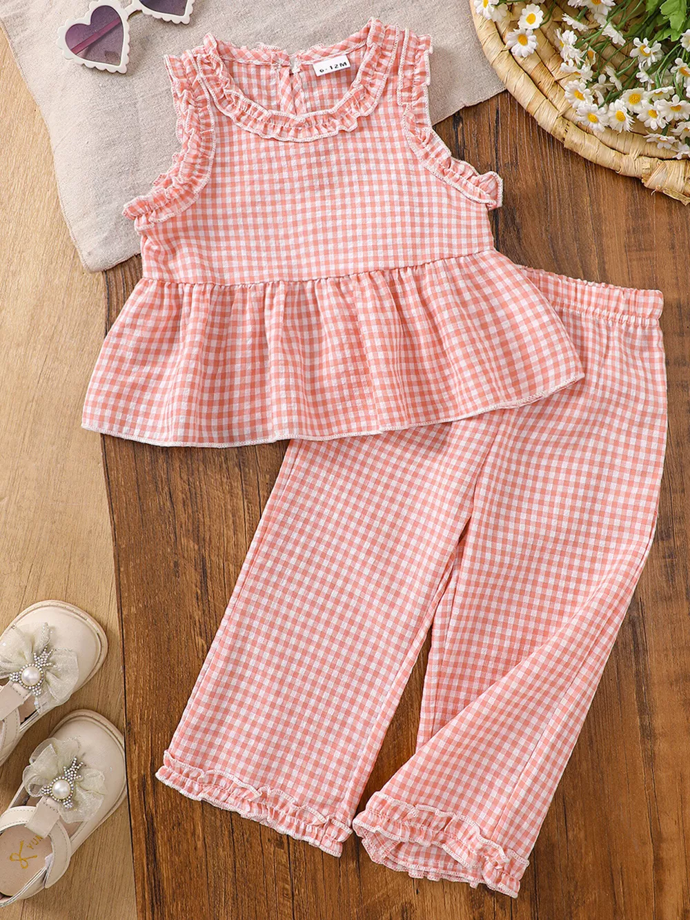 Children's Gingham Ruffle Trim Sleeveless Top & Pants Set, image 7