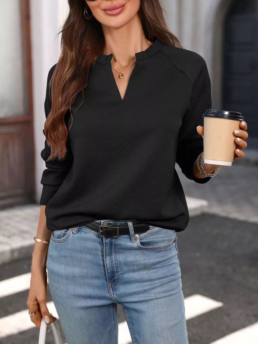 Textured Notched Long Sleeve Sweatshirt, image 11