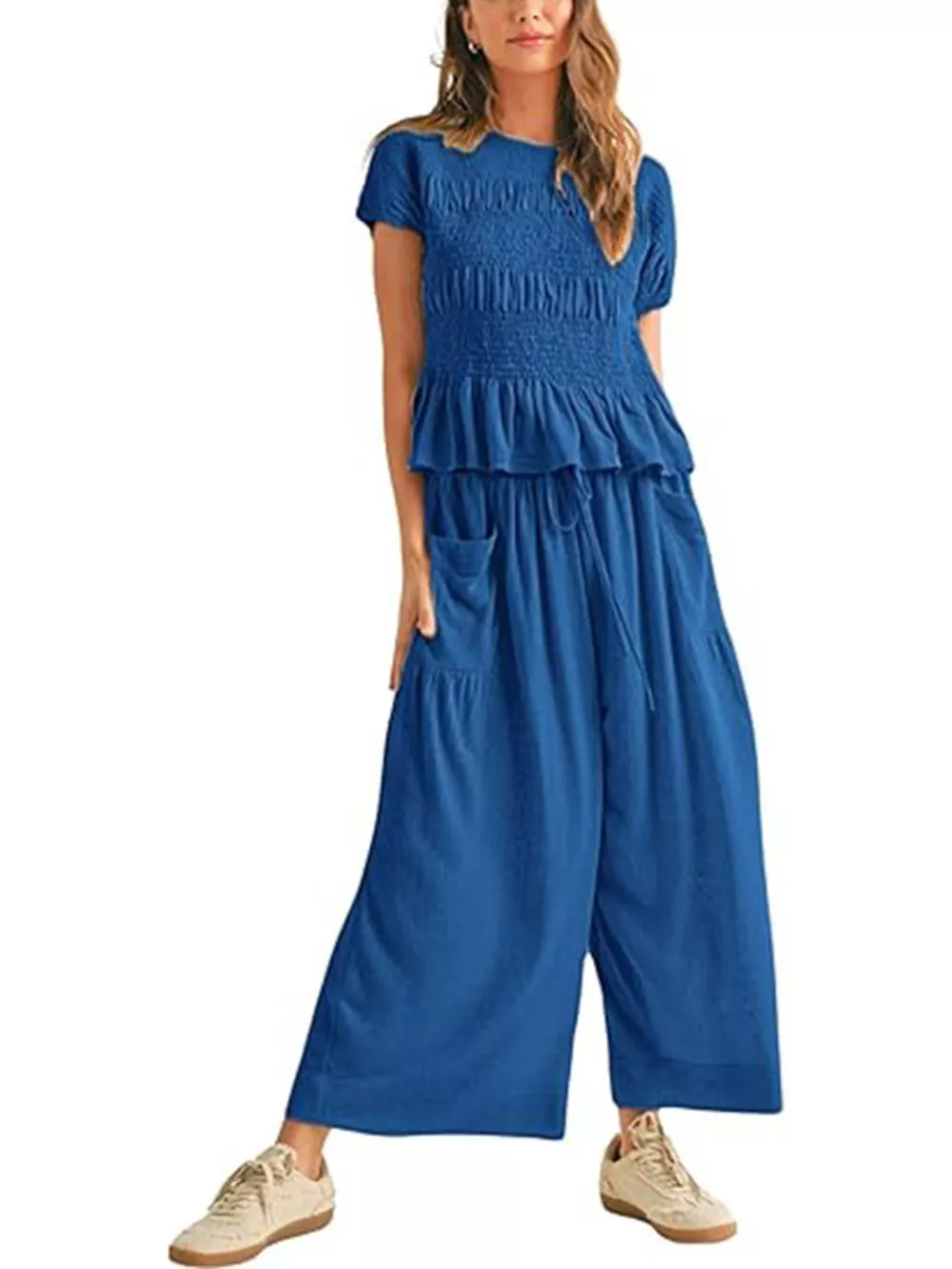 Smocked Peplum Top and Wide-Leg Pants Set, image 13