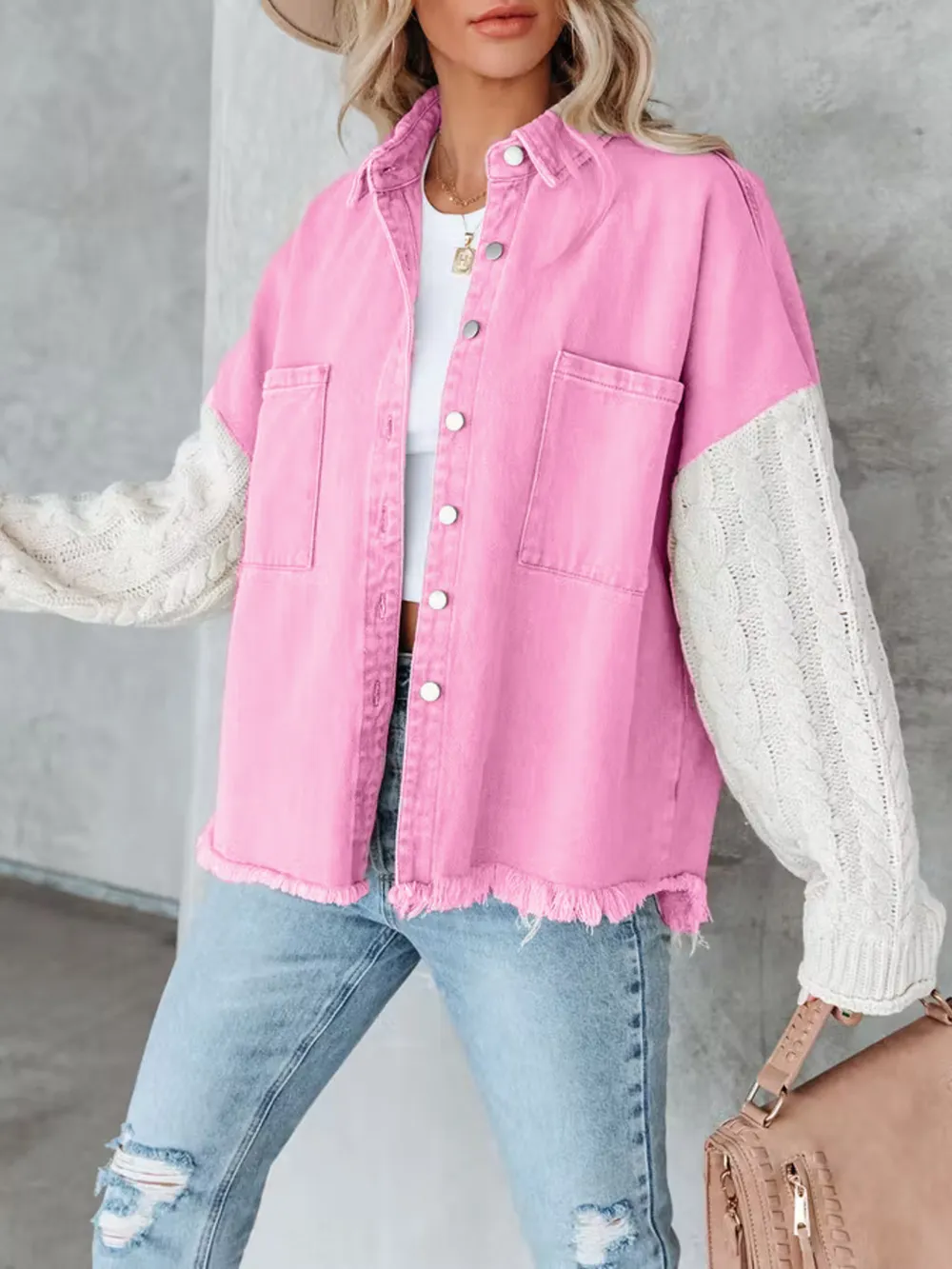 Full Size Raw Hem Button Up Patchwork Denim Jacket Plus Size, image 6
