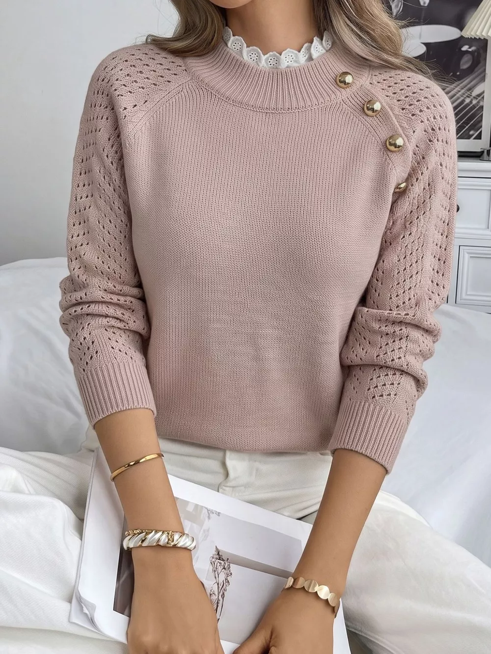 Openwork Mock Neck Sweater, image 2
