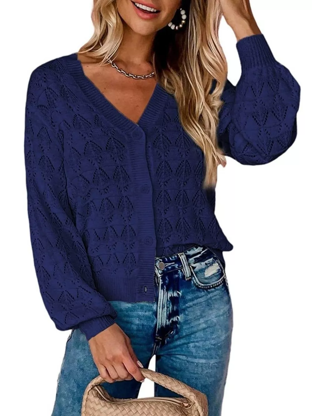 Chic V-Neck Openwork Button-Down Knit Cardigan, image 16