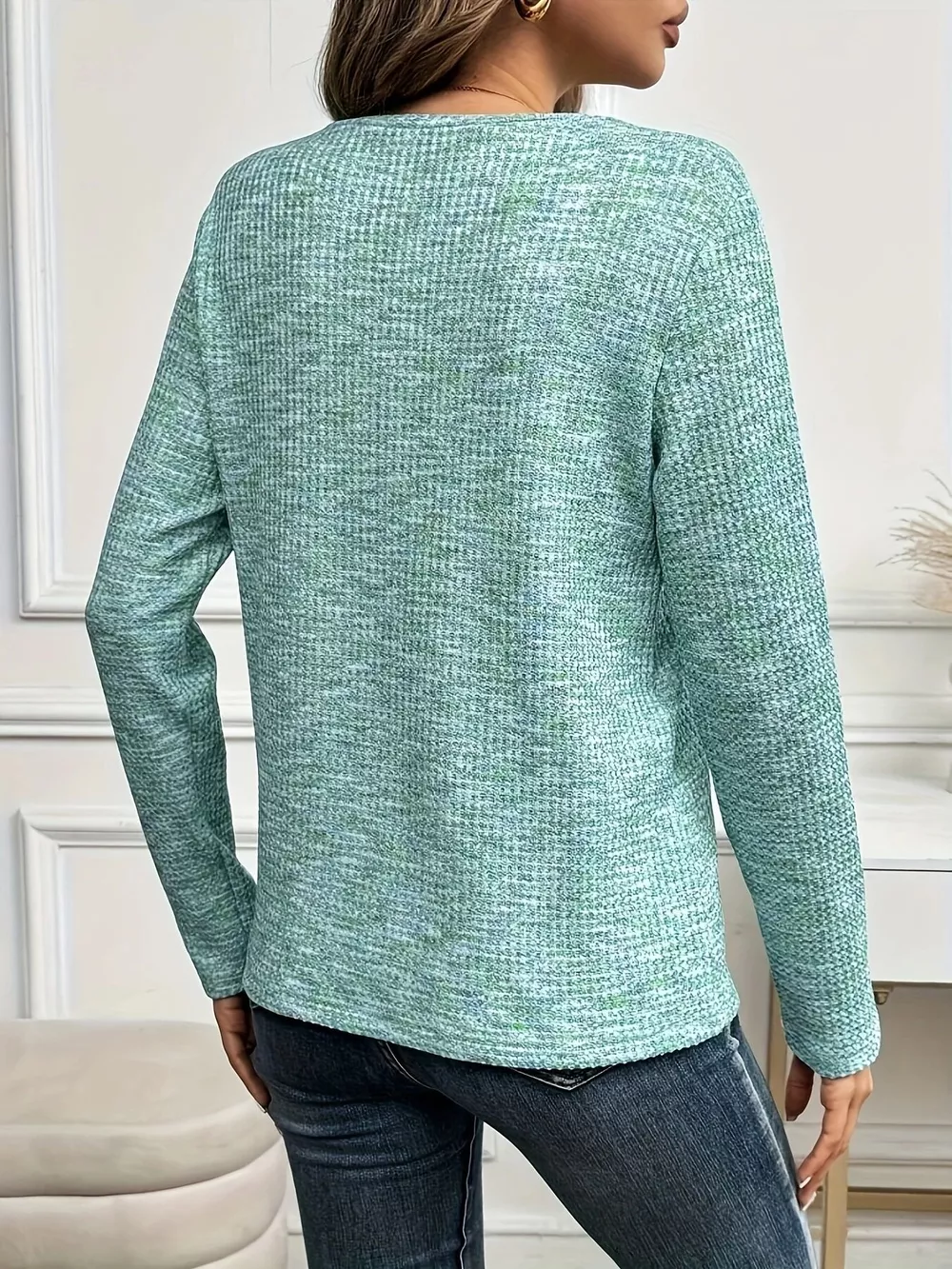 Decor Button V-Neck Long Sleeve Top, image 6