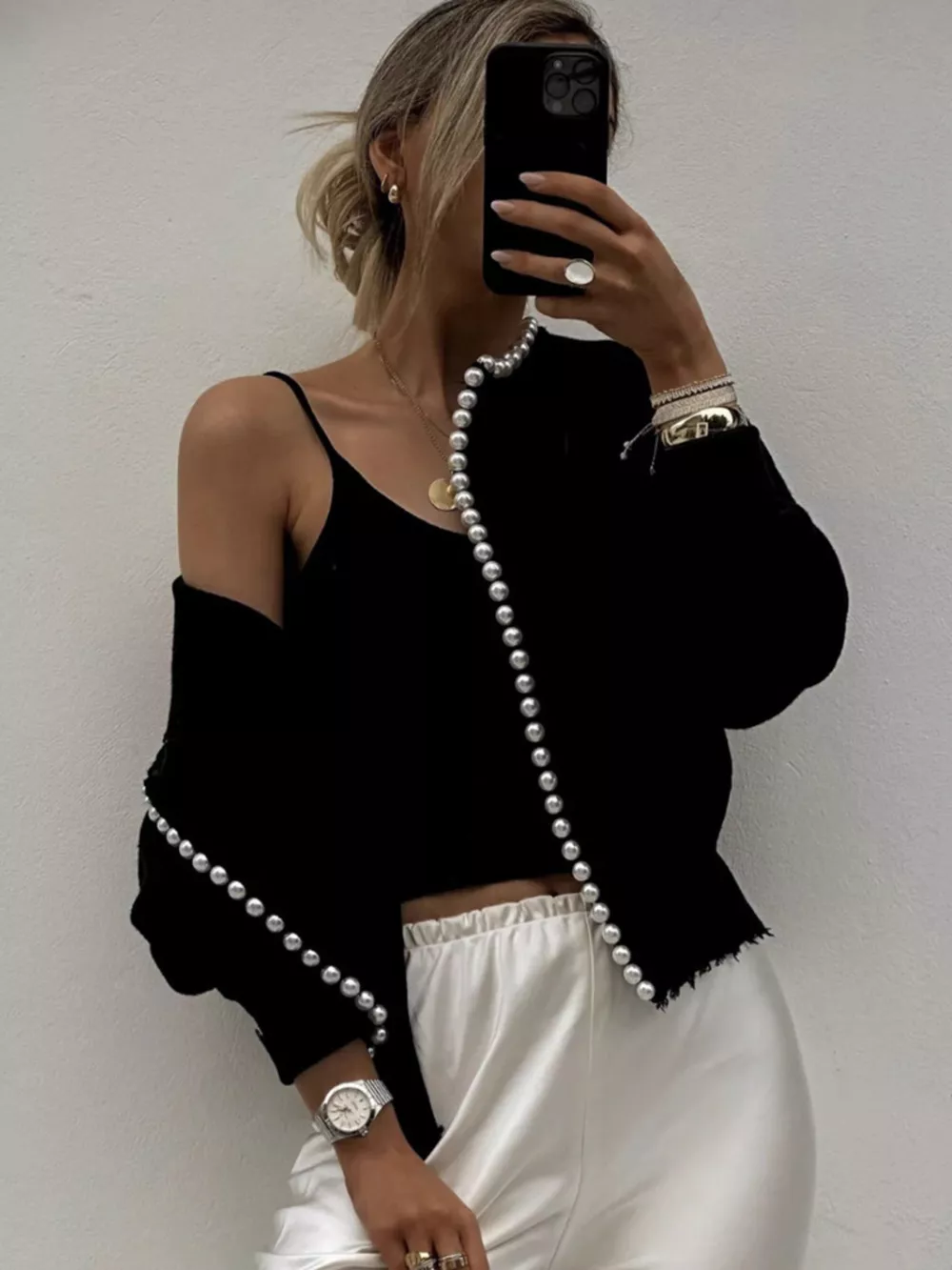 Pearl Trimmed Open Front Cardigan, image 4