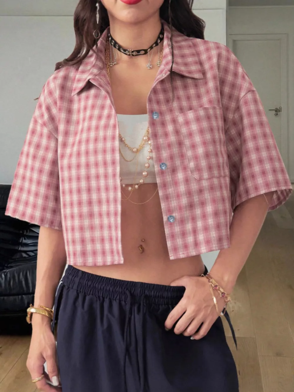 Plaid Button Up Cropped Shirt