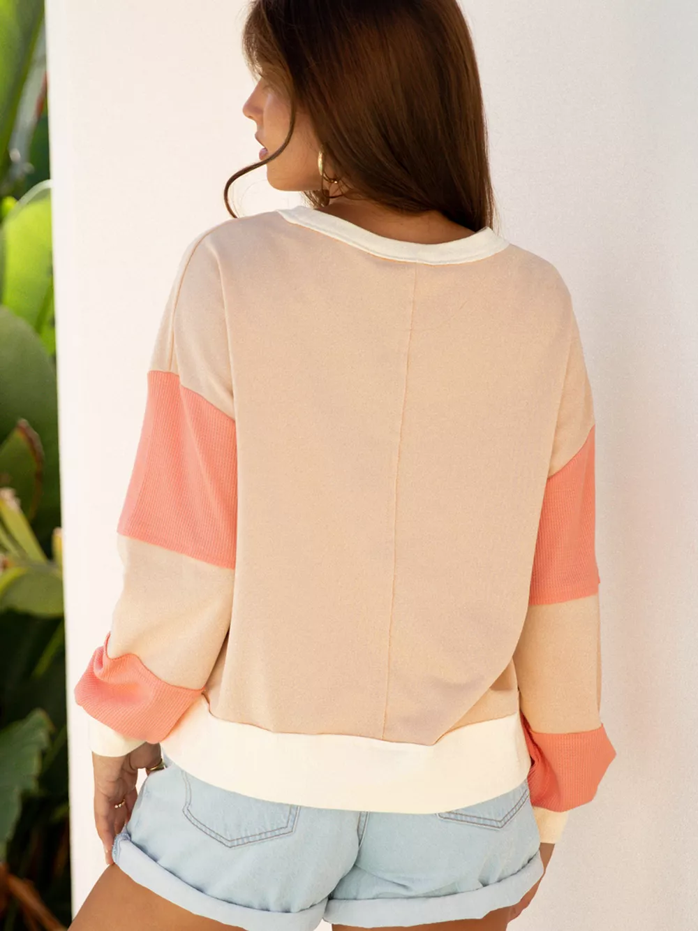 Color Block Textured Patchwork Pullover Sweatshirt, image 2