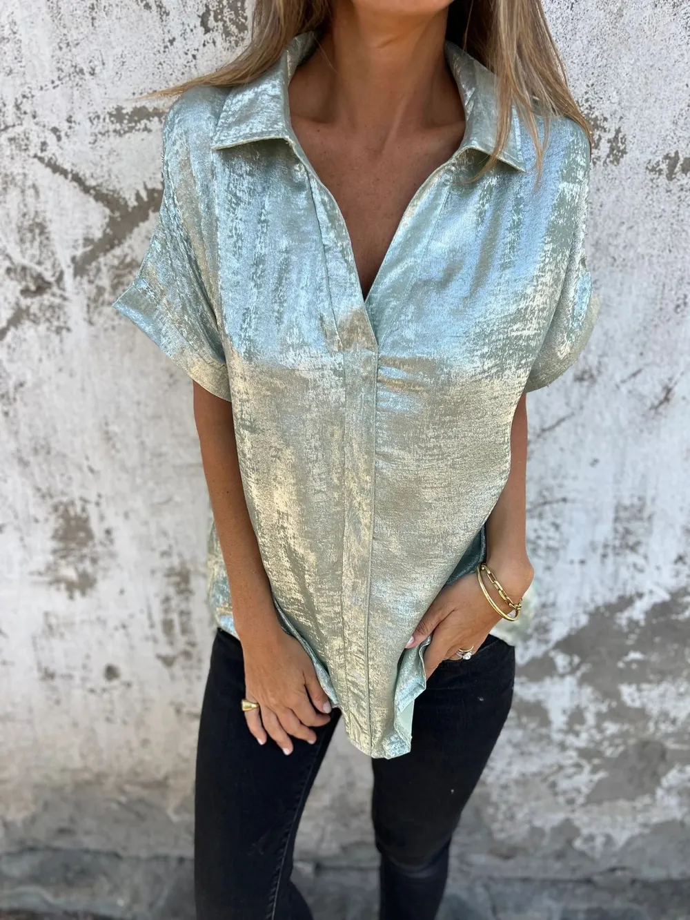 Full Size Collared Neck Short Sleeve Shirt Plus Size, image 7
