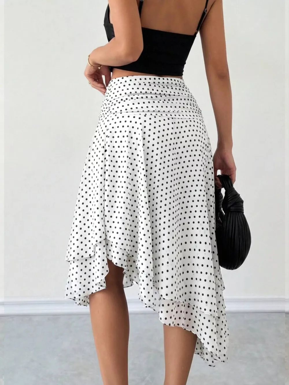 Polka Dot Asymmetrical Hem Midi Skirt, image 4