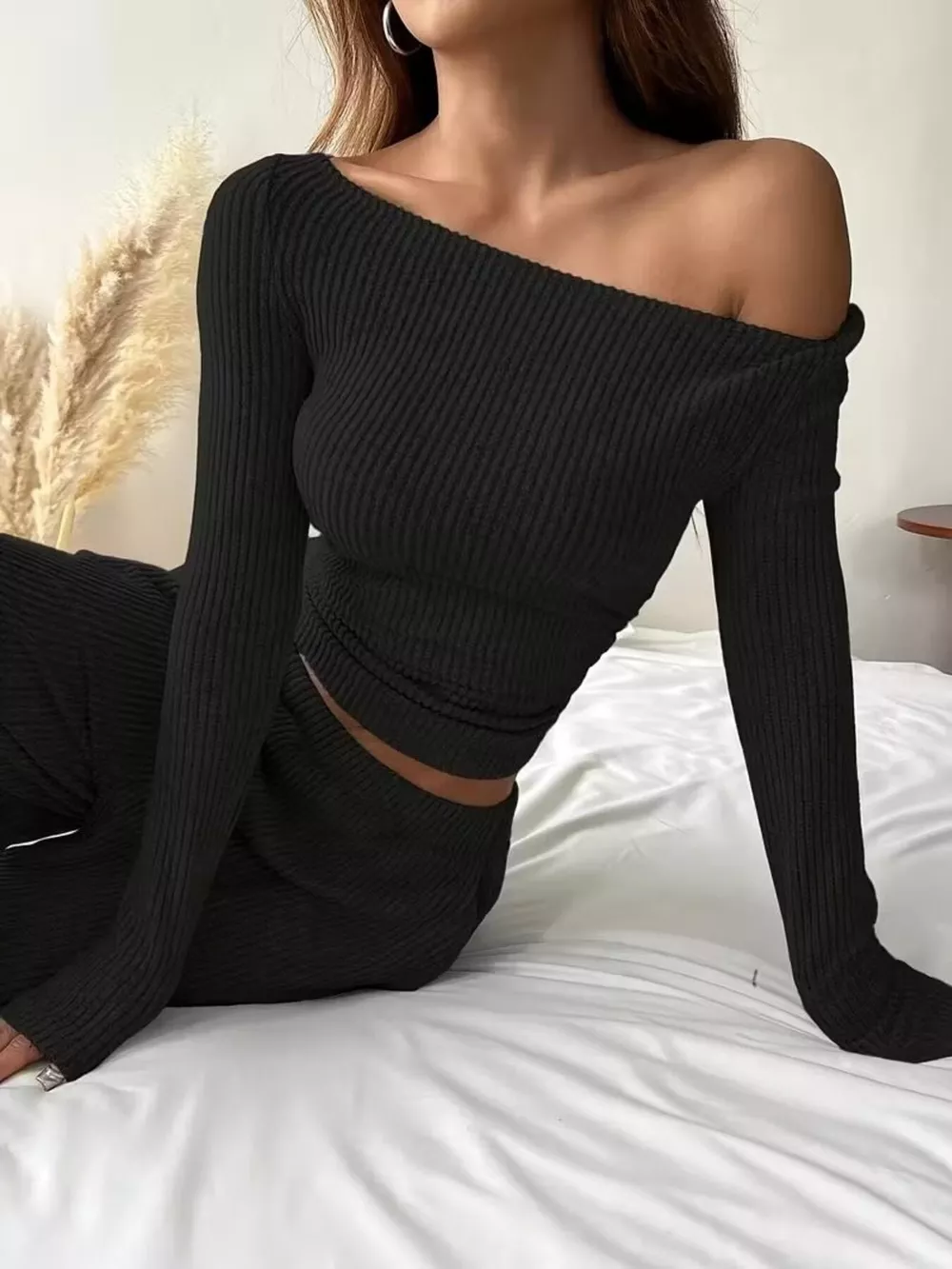 Ribbed Knit Boat Neck Top and Pants Set, image 8