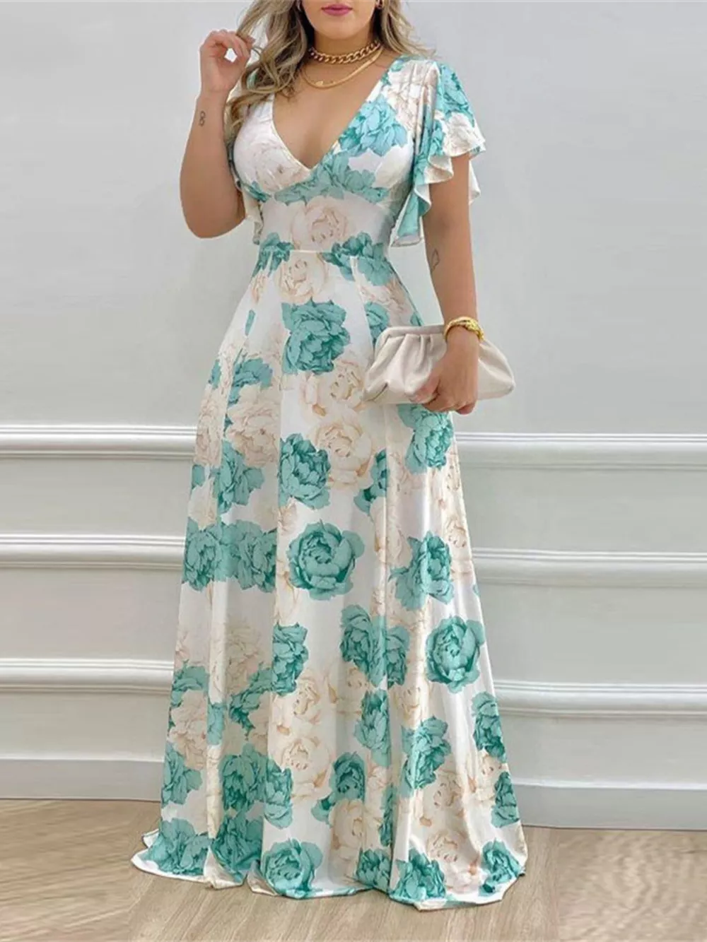 Floral Print V-Neck Ruffle Sleeve Maxi Dress, image 2