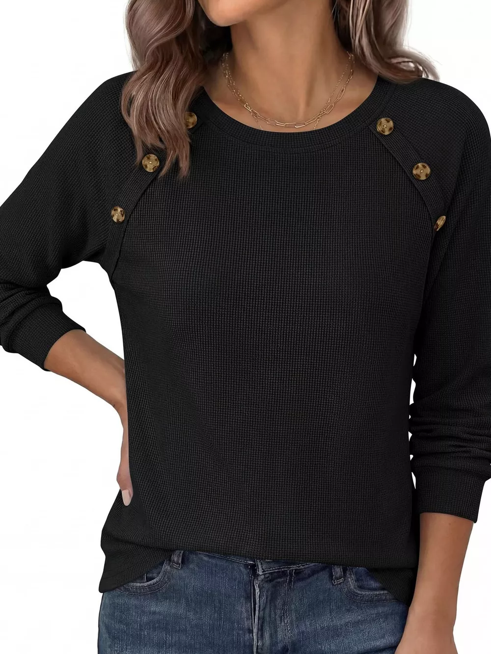 Decorative Button Waffle Knit Long Sleeve T-Shirt, image 18