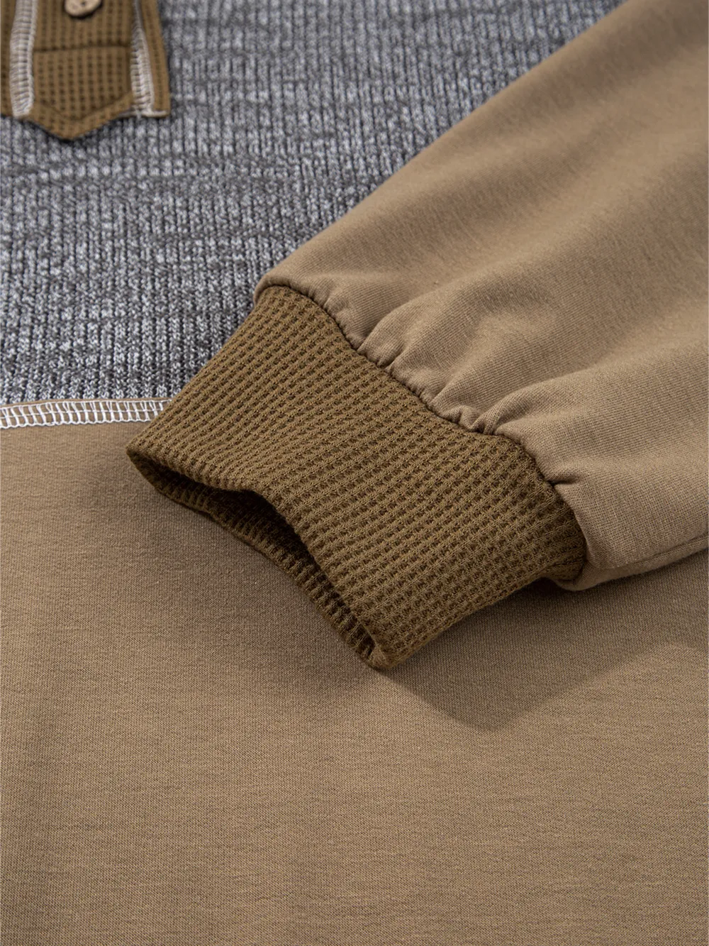 Mixed Texture Patchwork Exposed Seam Half Button Hoodie, image 4