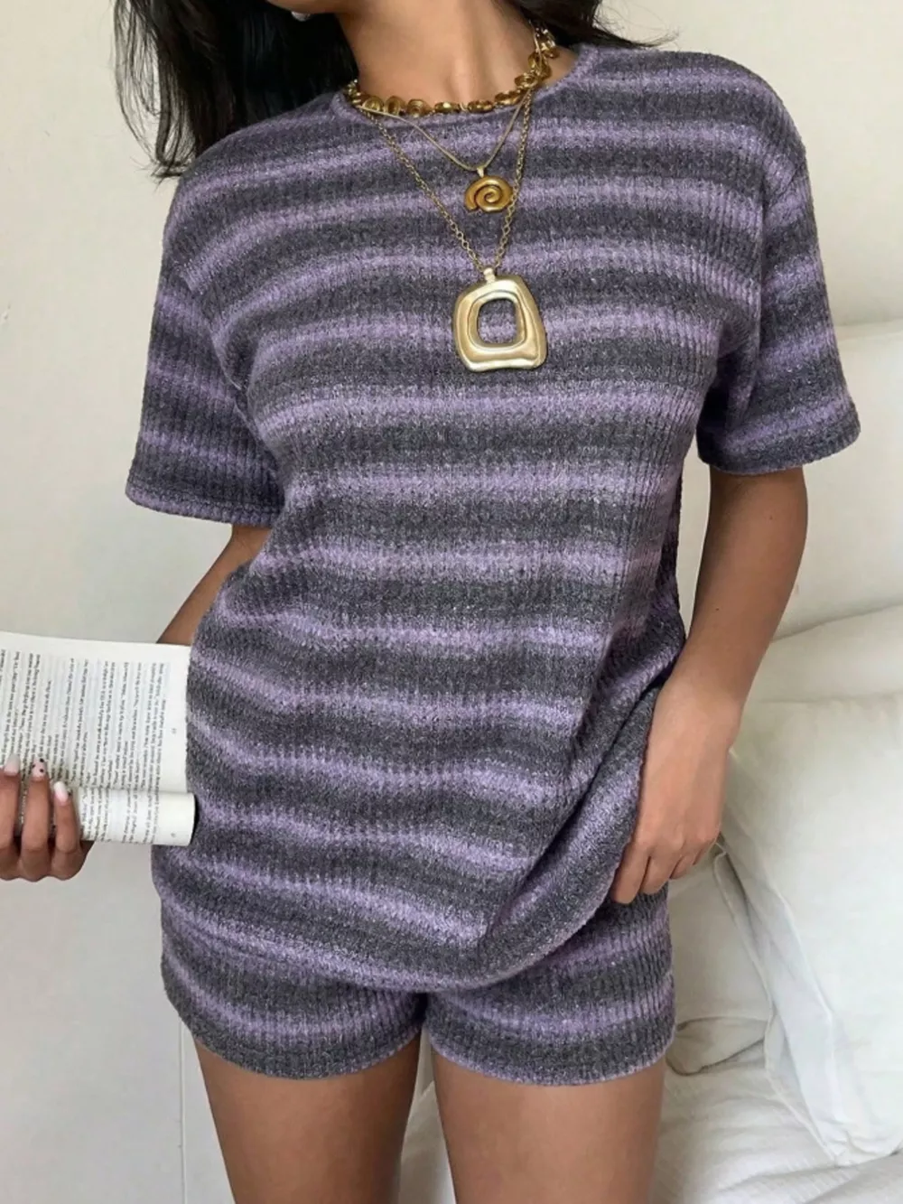 Striped Textured Knit Top and Shorts Set, image 21