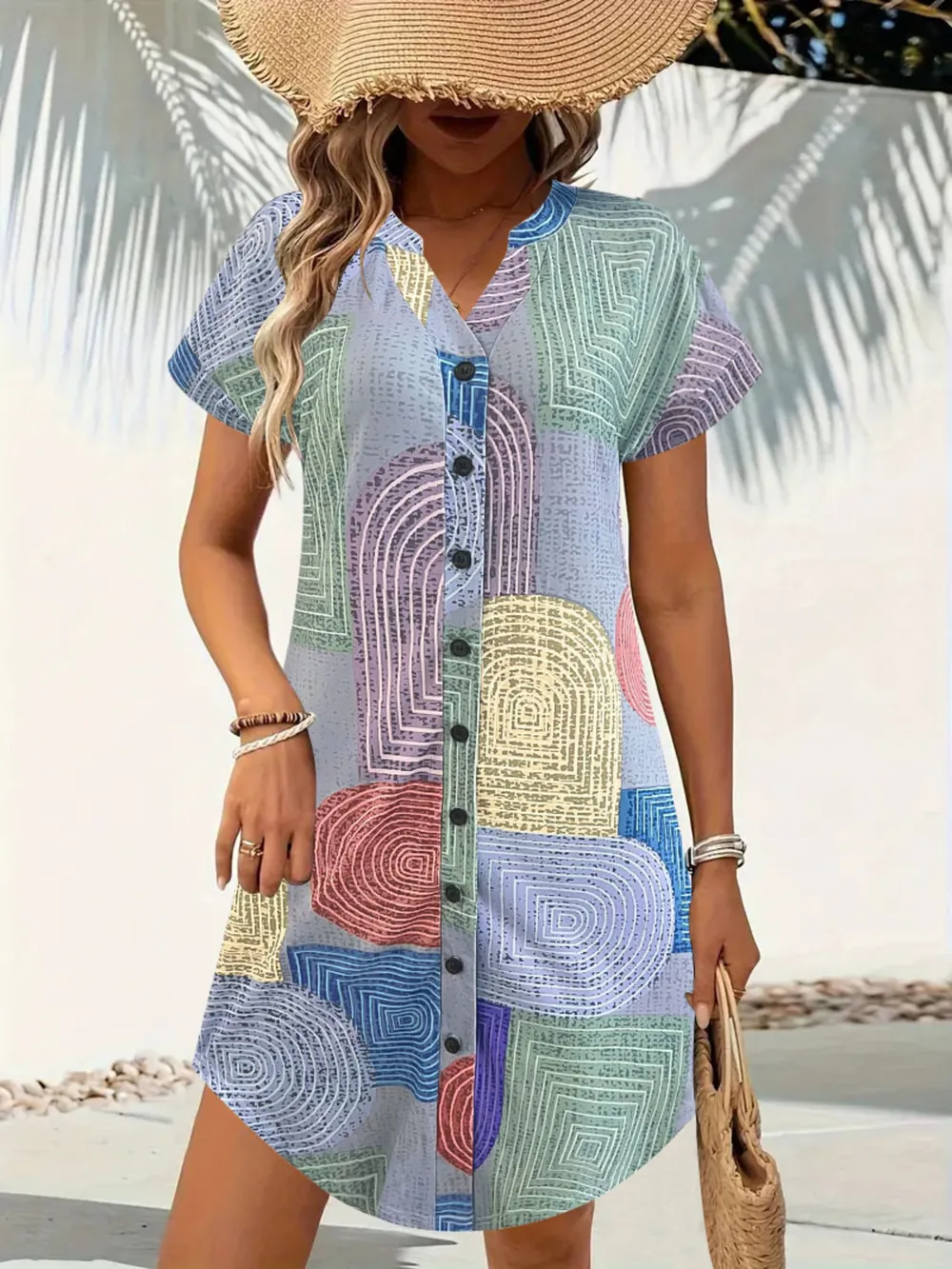 Geometric V-Neck Short Sleeve Button-Front Dress, image 8