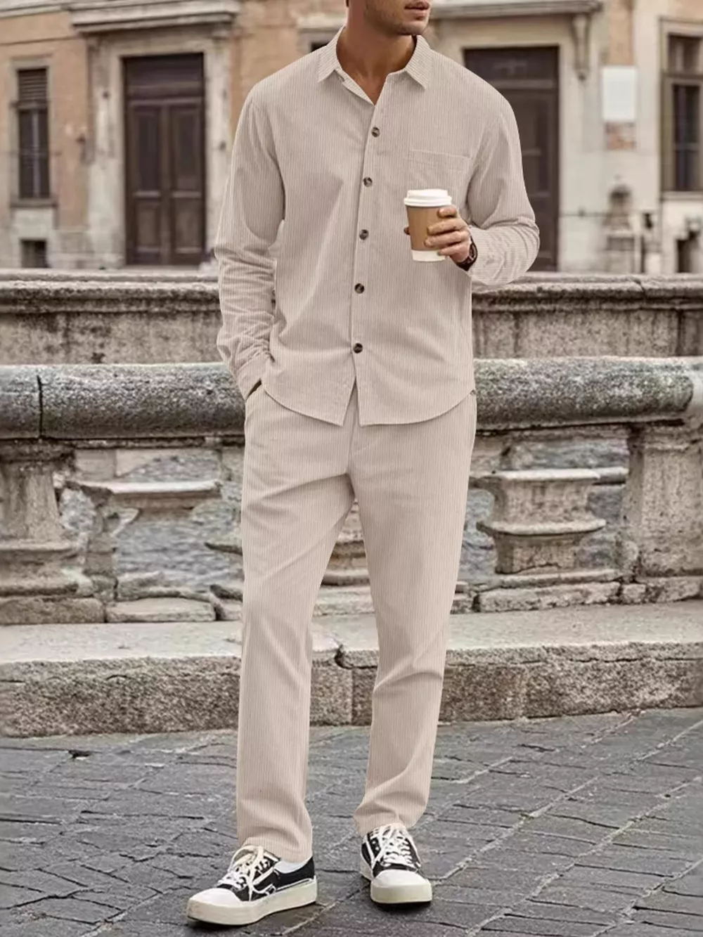 Men's Full Size Button Up Long Sleeve Shirt and Pants Set Plus Size