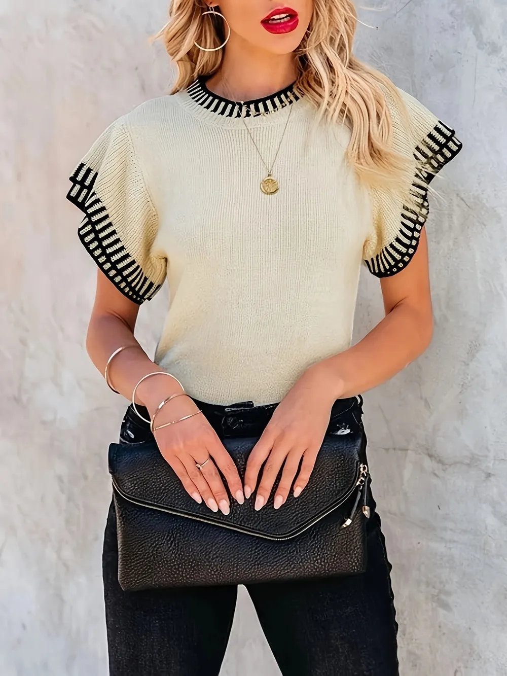 Contrast Trim Cap Sleeve Sweater, image 2