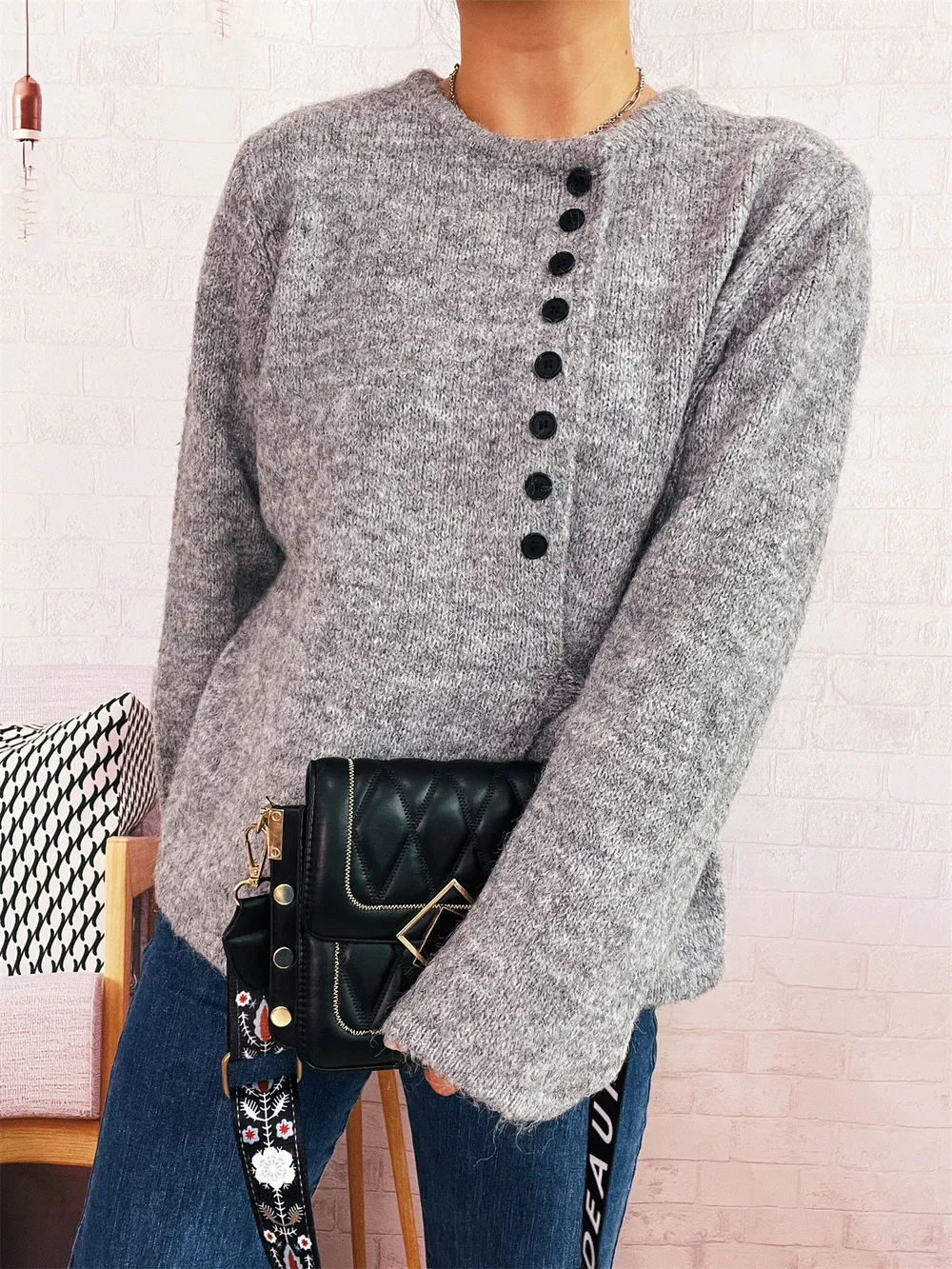 Button-Front Side-Tie Sweater, image 9