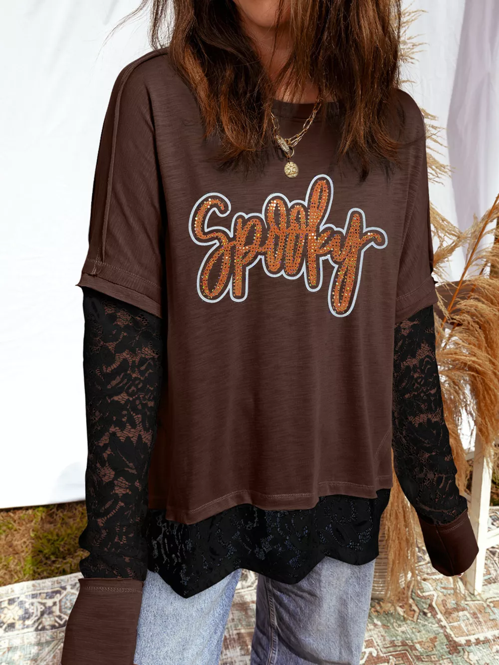 Rhinestone Spooky Graphic Lace Patchwork Long Sleeve T Shirt