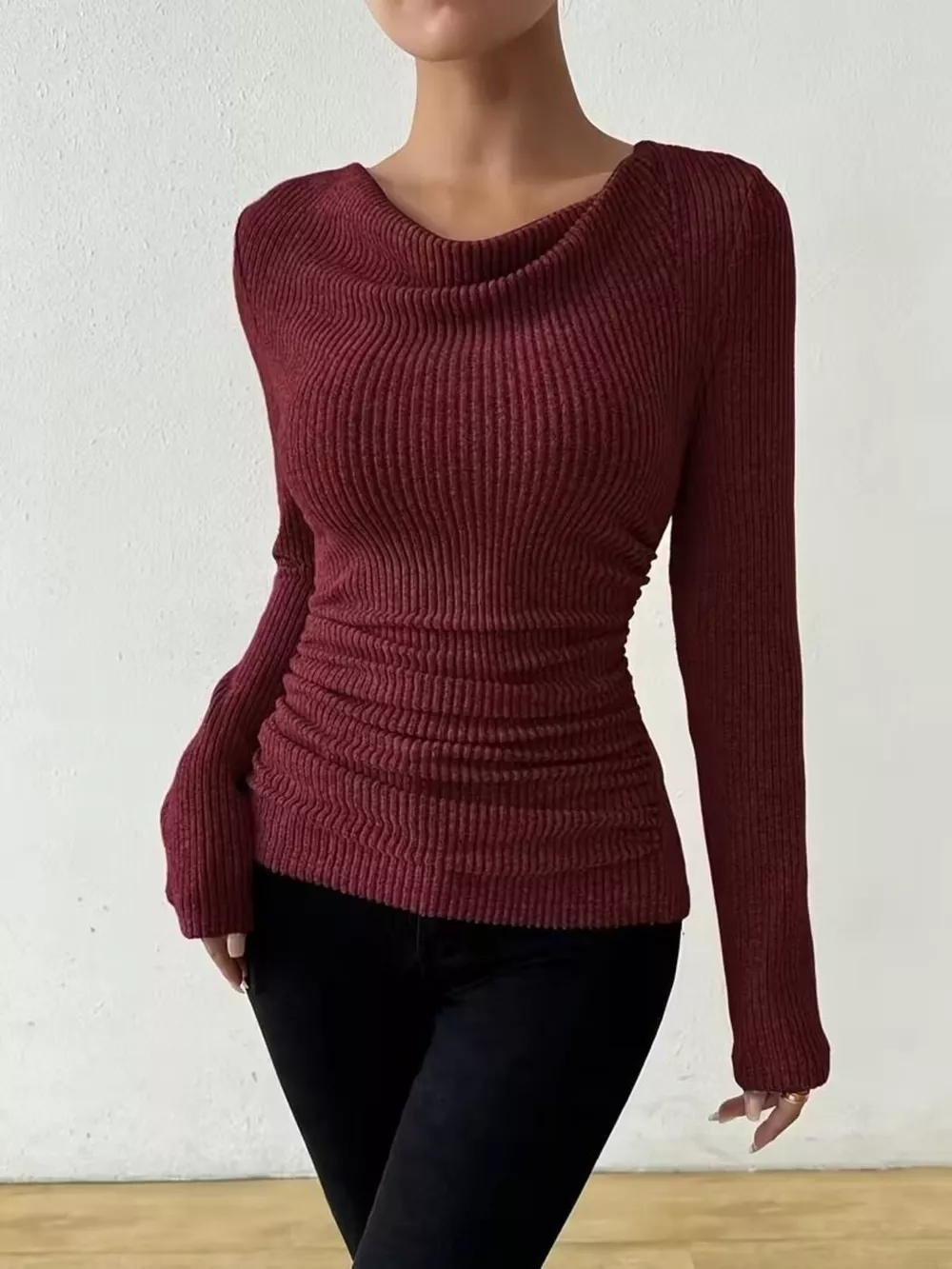 Cowl Neck Ribbed Knit Top, image 2