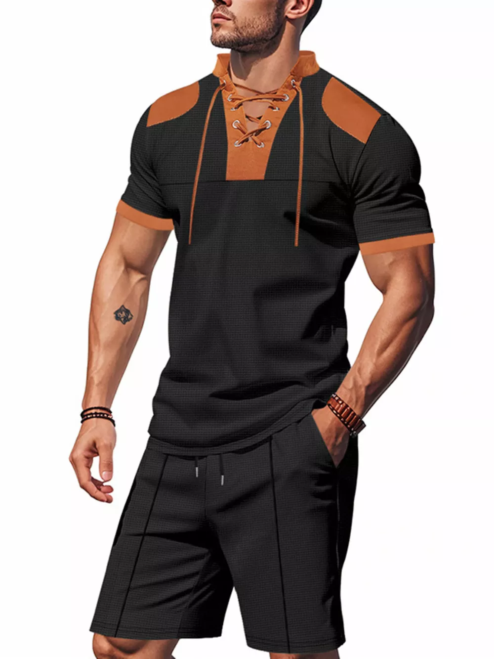 Men's Full Size Lace-Up Collar Casual Top and Shorts Set Plus Size