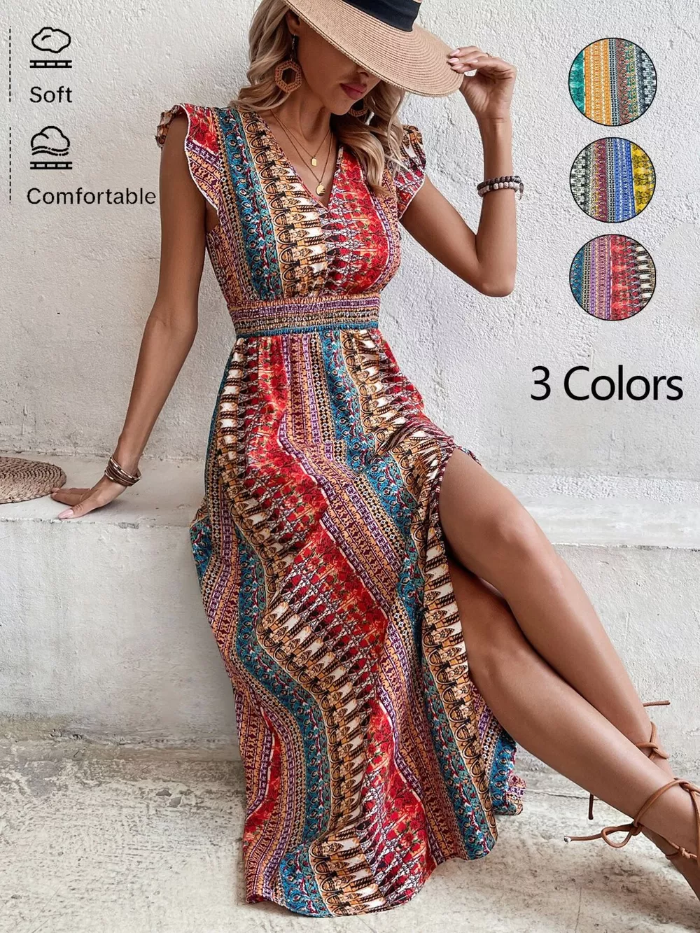Boho Print Ruffle Sleeve Slit Dress, image 2