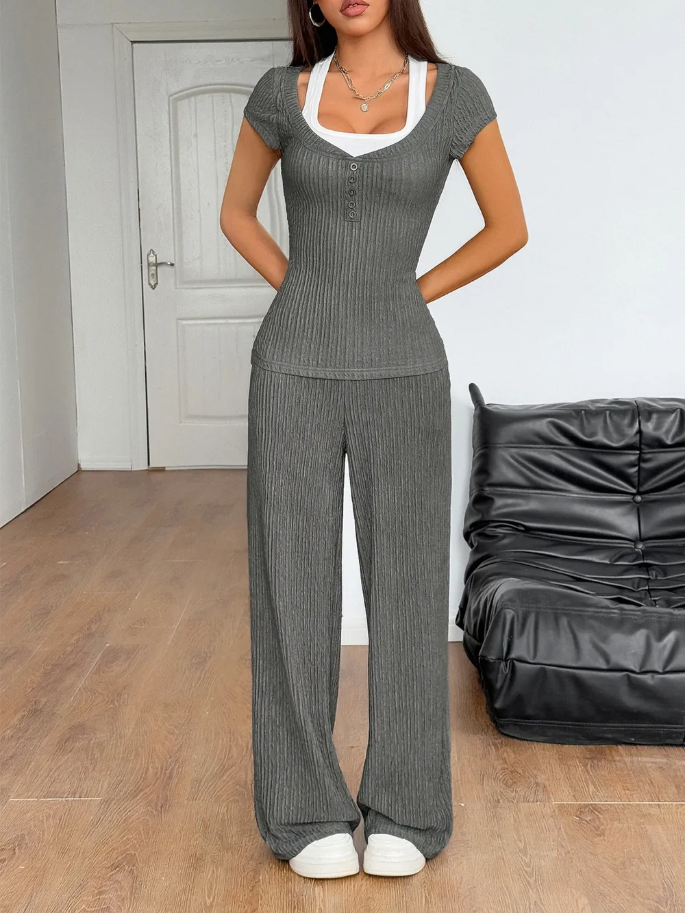 Textured Short Sleeve Top and Pants Set, image 3