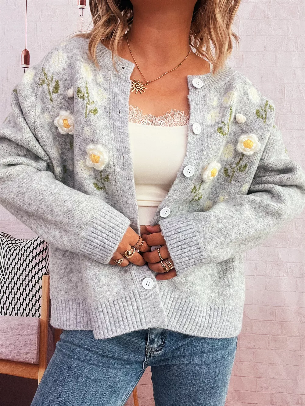 Flower Button Up Long Sleeve Cardigan, image 2