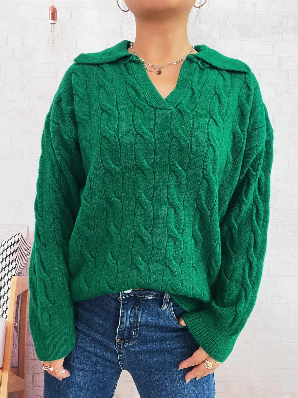 Cable Knit Johnny Collar Sweater, image 9