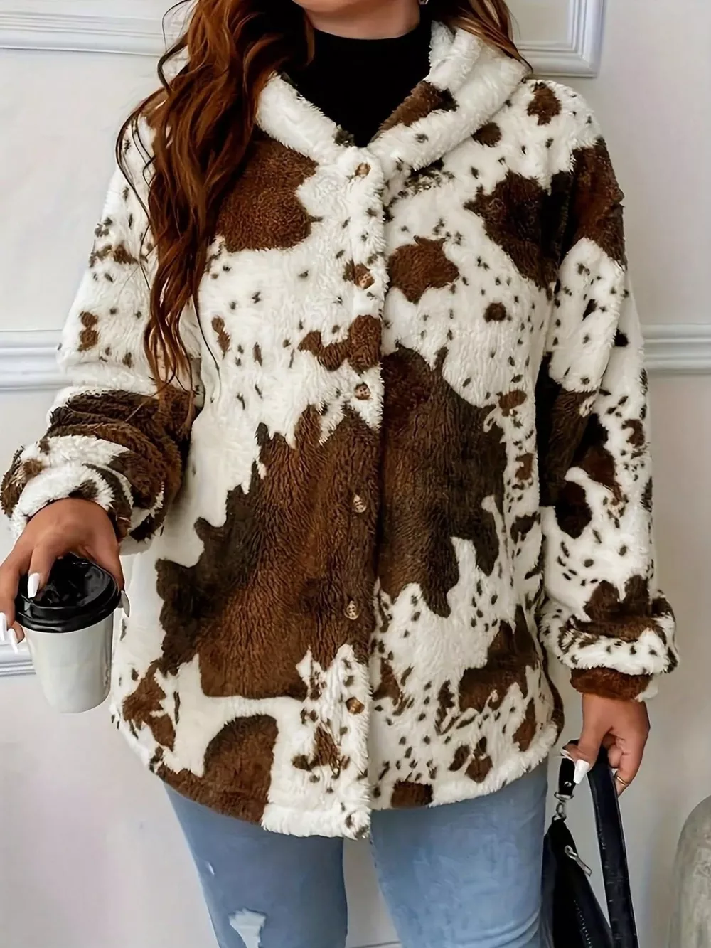 Cow Print Plush Hooded Outerwear, image 3