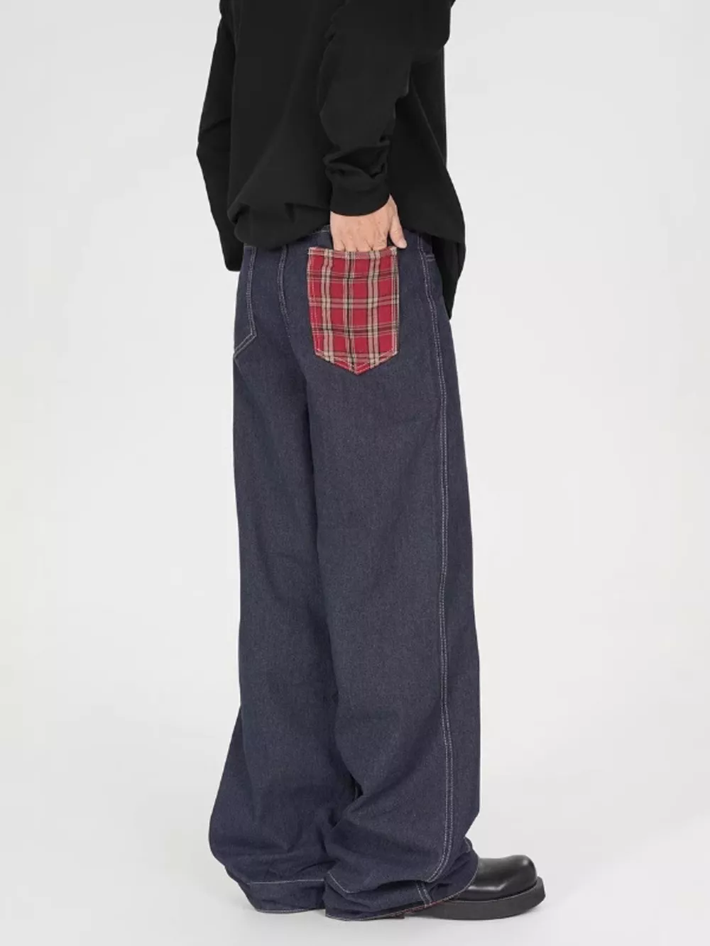 Men's Plaid Pocket Wide Leg Jeans, image 3