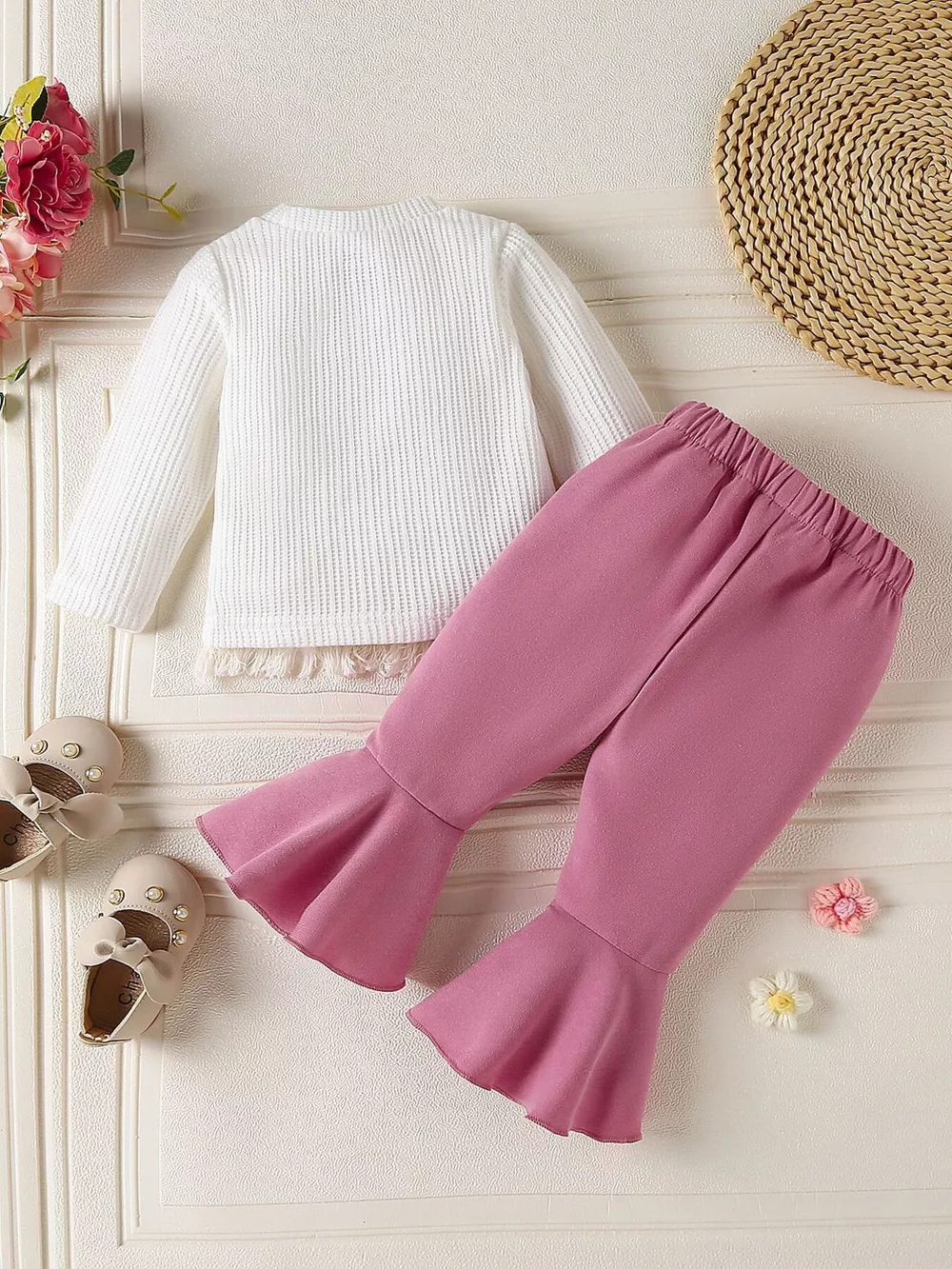 Children's Floral Applique Ribbed Top & Flare Leg Pants Set, image 2