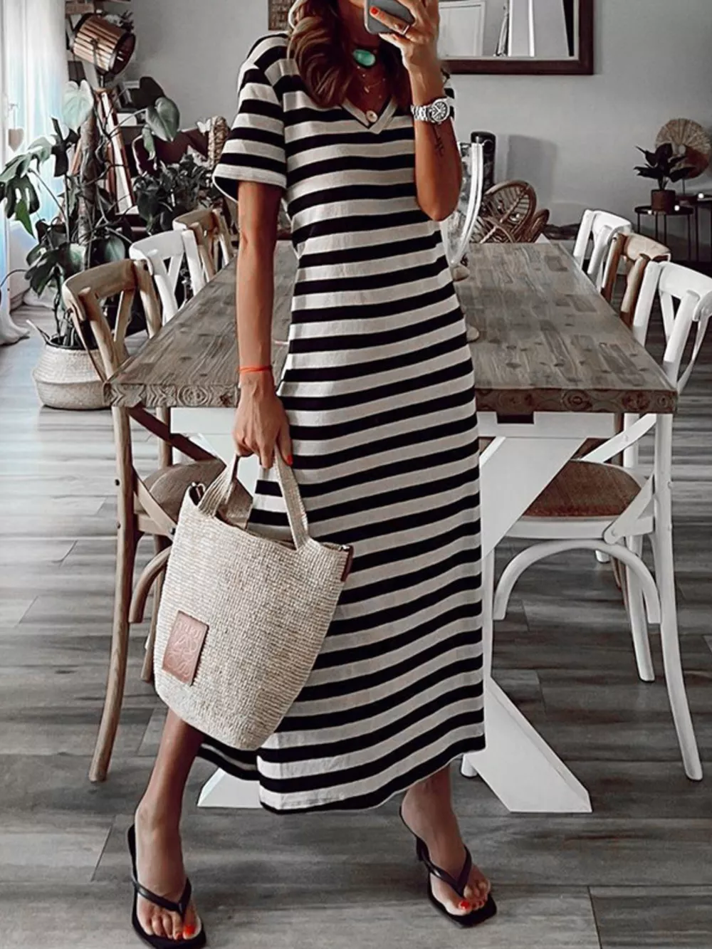 Full Size Striped V-Neck Midi Dress with Side Slit Plus Size, image 4