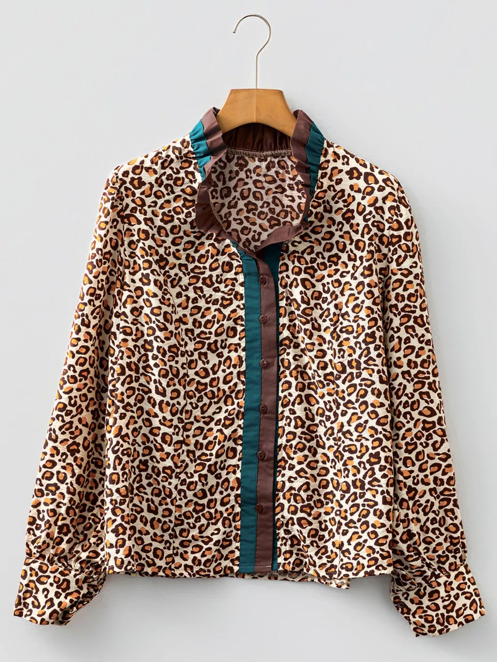 Leopard Print Contrast Frilled Trim Button Down V Neck Shirt, image 2