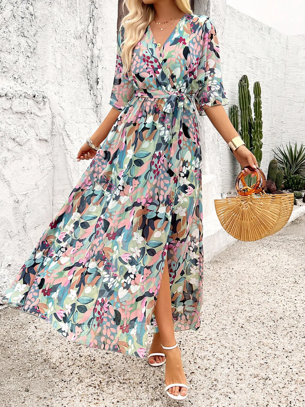 Slit Printed Surplice Half Sleeve Maxi Dress, image 2
