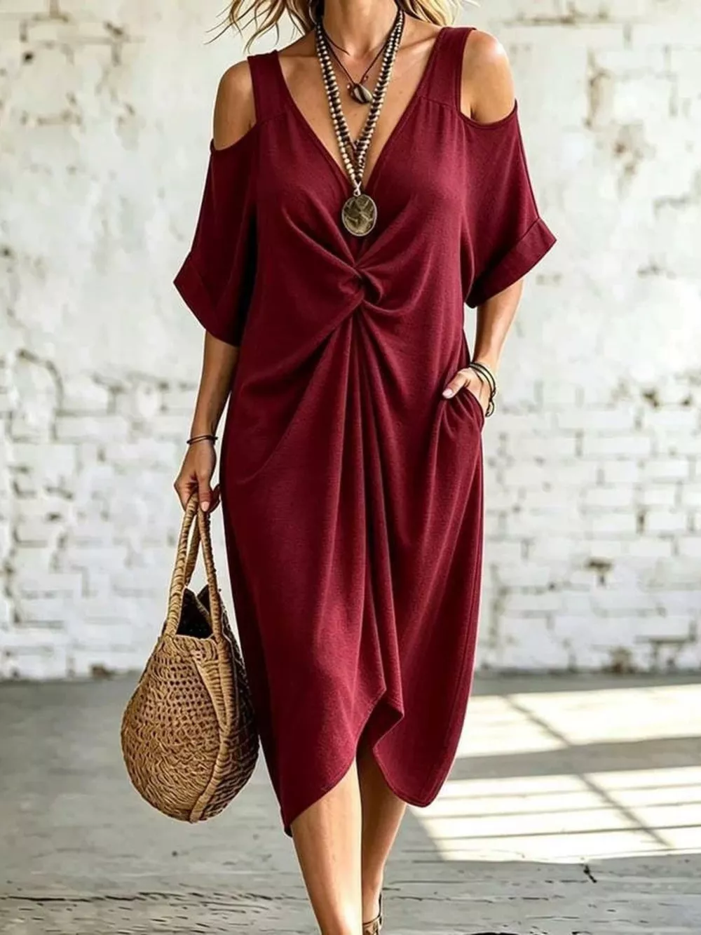 Full Size Cold Shoulder Twist Front Midi Dress Plus Size, image 3