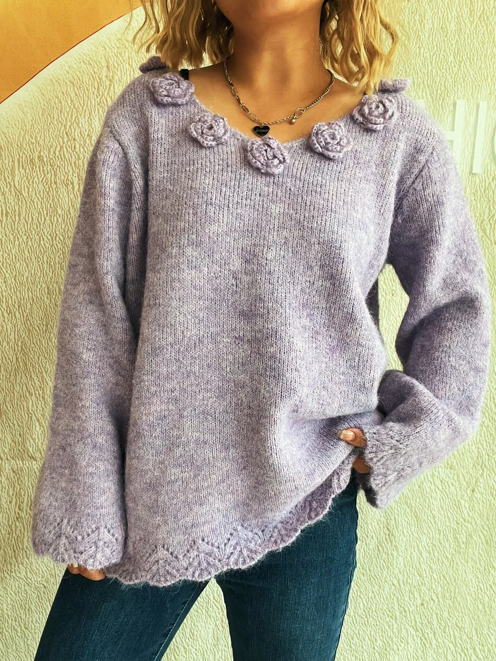 Flower V-Neck Long Sleeve Sweater, image 19