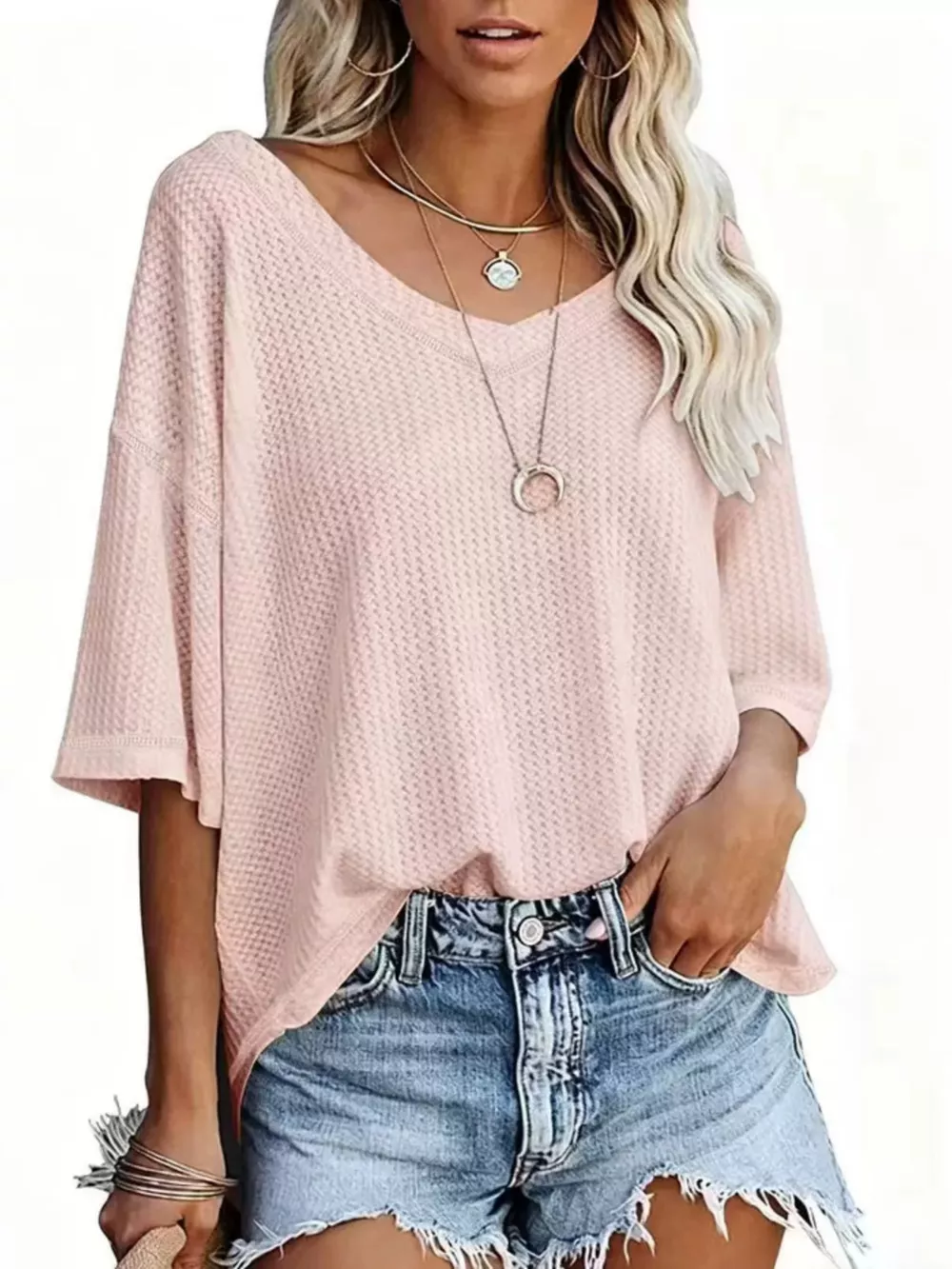 Waffle Knit V-Neck Short Sleeve T-Shirt, image 32