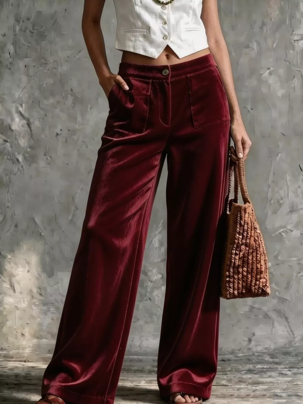 Full Size High-Waisted Wide-Leg Velvet Pants with Front Pockets Plus Size, image 8