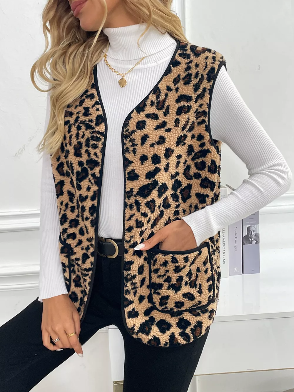 Leopard Fleece Vest Coat with Pockets, image 2