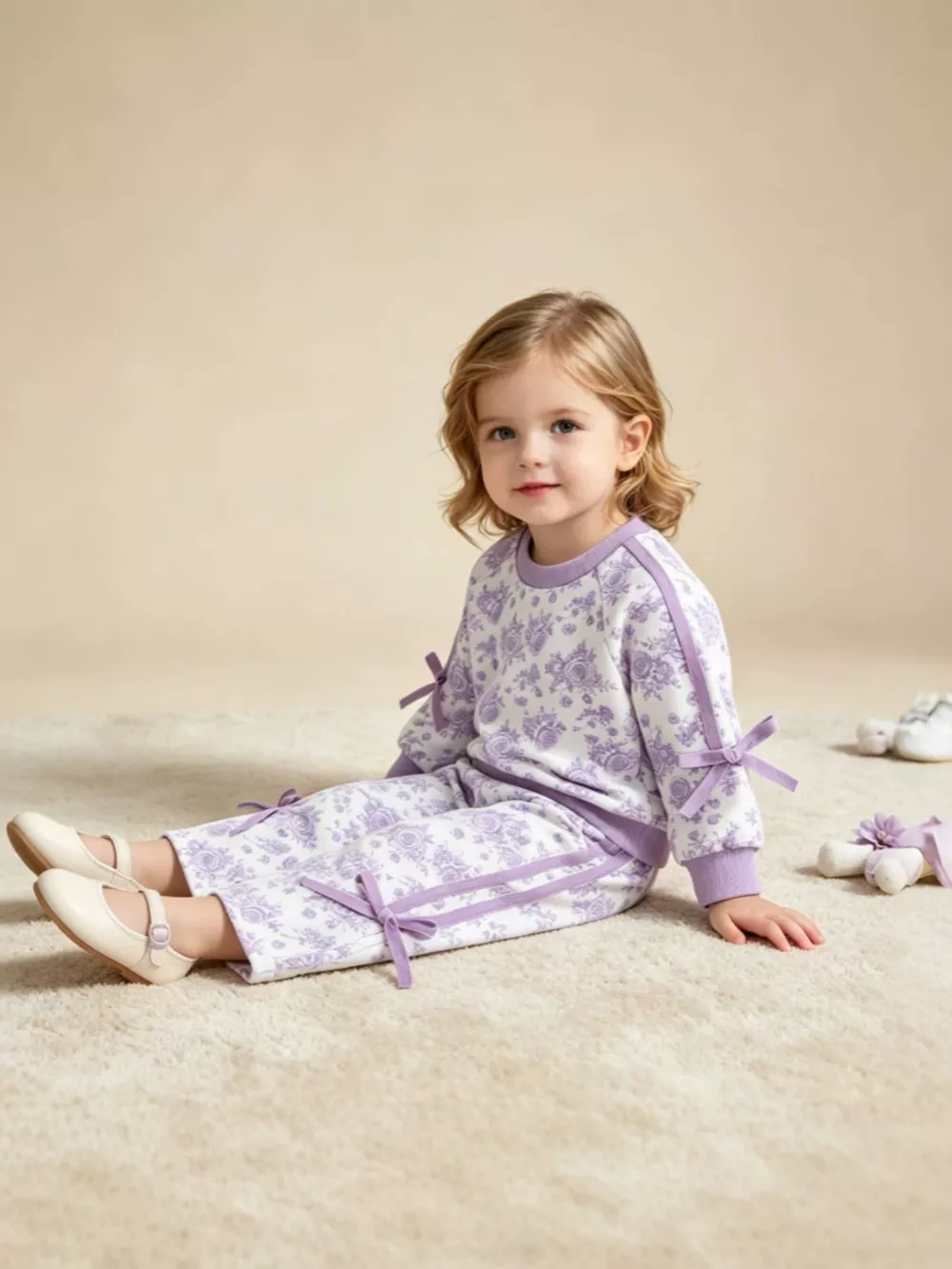 Children's Floral Print Round Neck Top and Pants Two-Piece Lounge Set, image 2