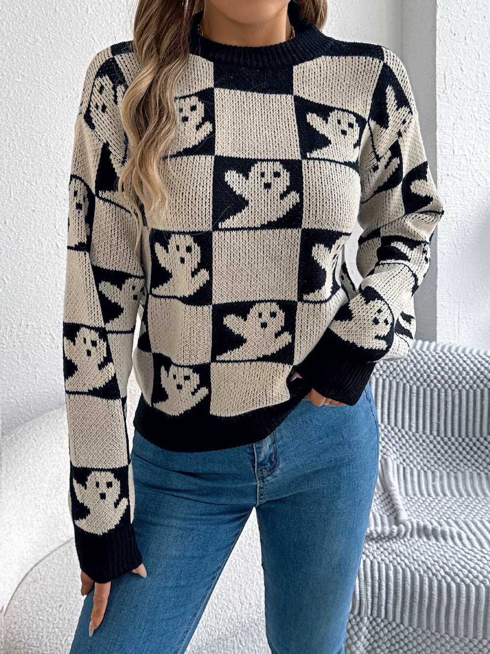 Checkerboard Halloween Graphic Sweater, image 11
